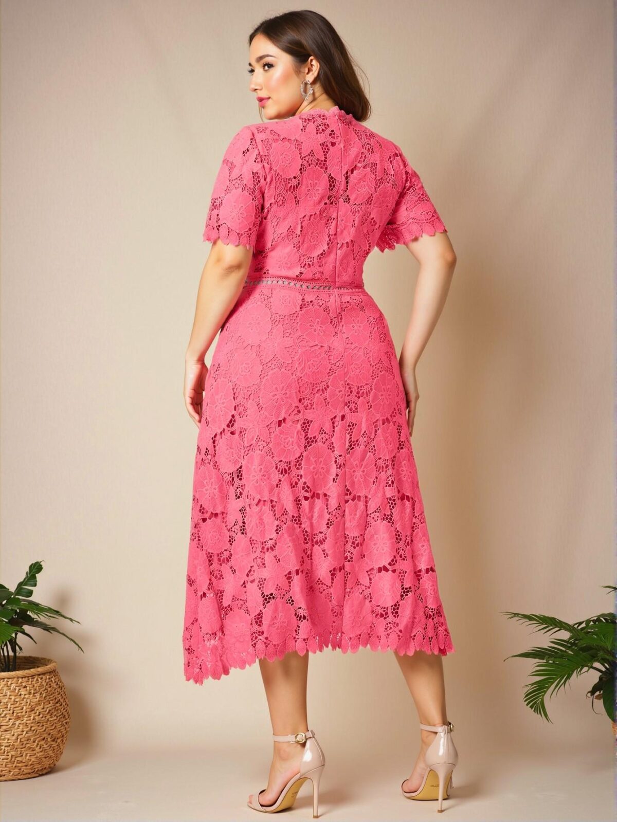 Elegant Watermelon Pink A-Line Dress with Lace Detailing for Spring and Summer "Chic, Classy and Trendy Fashion Style to Dress to Impress" - Image 2