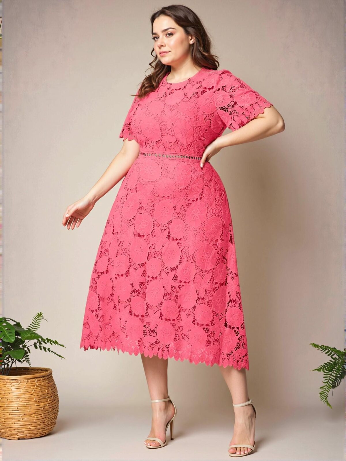 Elegant Watermelon Pink A-Line Dress with Lace Detailing for Spring and Summer "Chic, Classy and Trendy Fashion Style to Dress to Impress" - Image 3