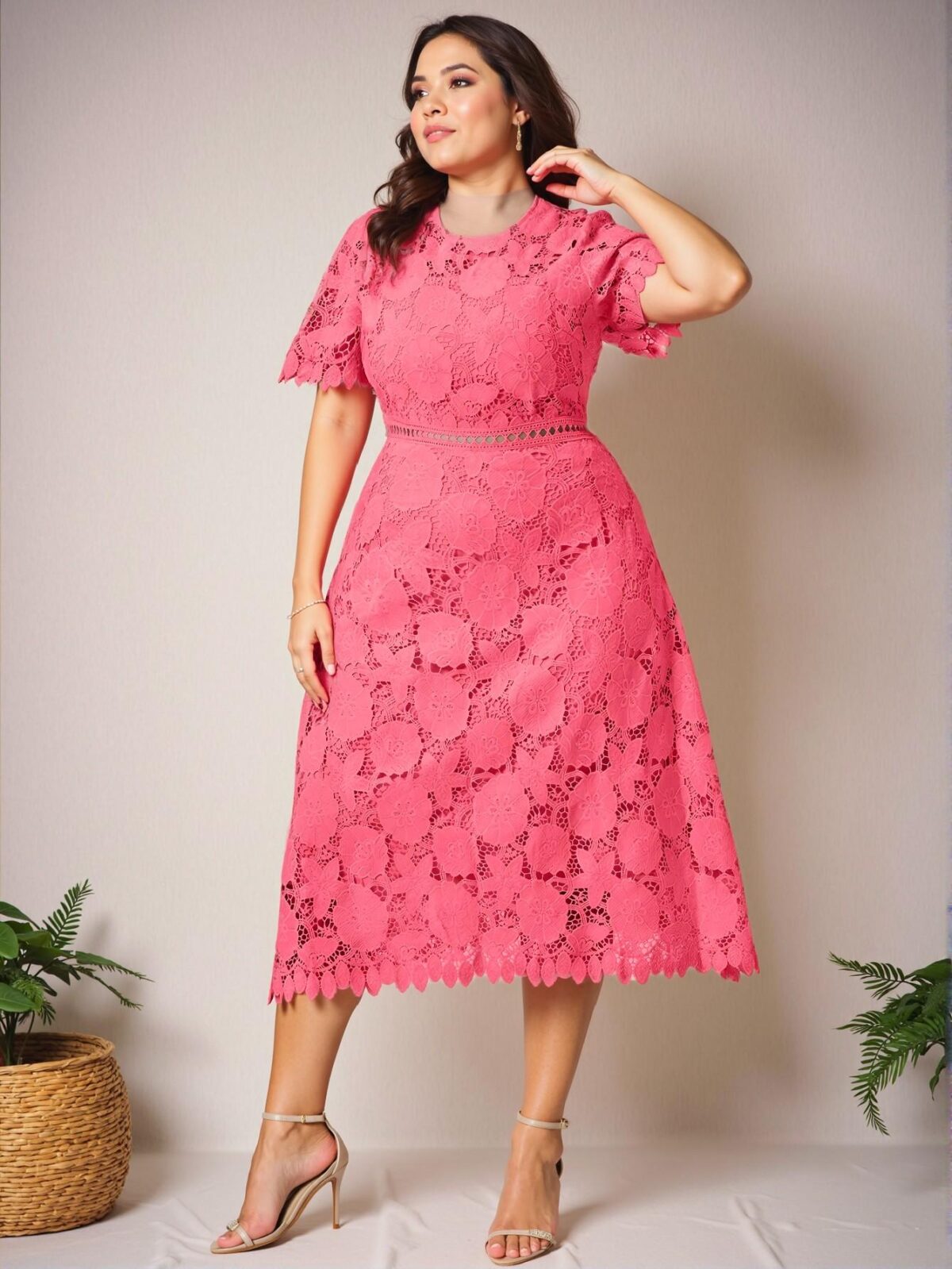 Elegant Watermelon Pink A-Line Dress with Lace Detailing for Spring and Summer "Chic, Classy and Trendy Fashion Style to Dress to Impress" - Image 4