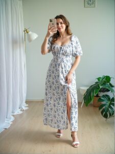 Elegant Blue Floral High Slit Dress with Puff Sleeves for Warm Seasons - Chic, Classy and Trendy Fashion Style to Dress to Impress