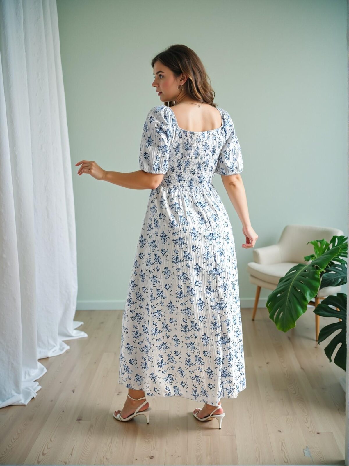 Elegant Blue Floral High Slit Dress with Puff Sleeves for Warm Seasons - Chic, Classy and Trendy Fashion Style to Dress to Impress - Image 2