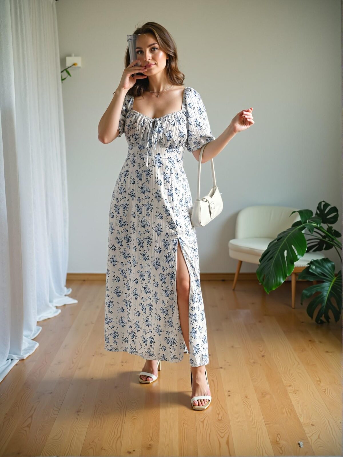 Elegant Blue Floral High Slit Dress with Puff Sleeves for Warm Seasons - Chic, Classy and Trendy Fashion Style to Dress to Impress - Image 3