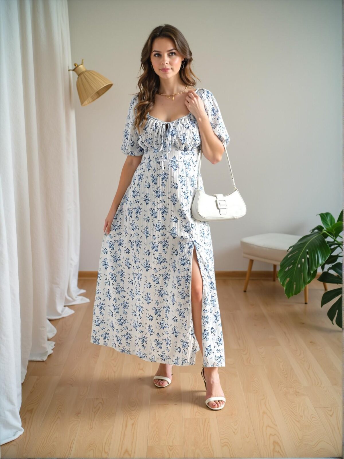 Elegant Blue Floral High Slit Dress with Puff Sleeves for Warm Seasons - Chic, Classy and Trendy Fashion Style to Dress to Impress - Image 4