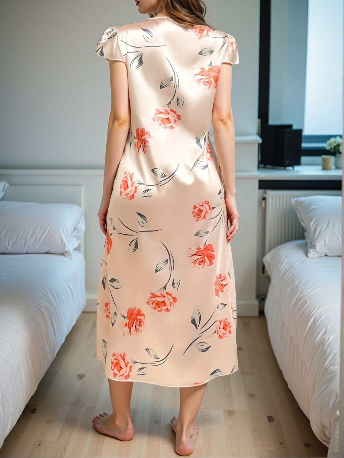 Elegant Apricot Romantic Floral Print Silk Nightdress with Lace Accents for Spring and Summer Chic, Classy and Trendy Fashion Style to Dress to Impress - Image 2