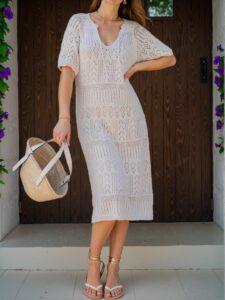 Elegant Apricot Handcrafted Crochet V-Neck Tunic Dress with French Flair for Summer Getaways - Chic, Classy and Trendy Fashion Style to Dress to Impress