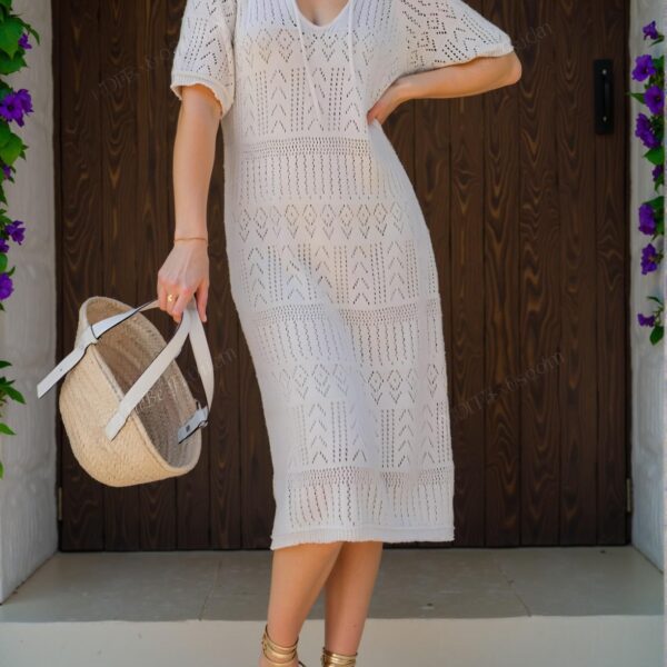 Elegant Apricot Handcrafted Crochet V-Neck Tunic Dress with French Flair for Summer Getaways - Chic, Classy and Trendy Fashion Style to Dress to Impress