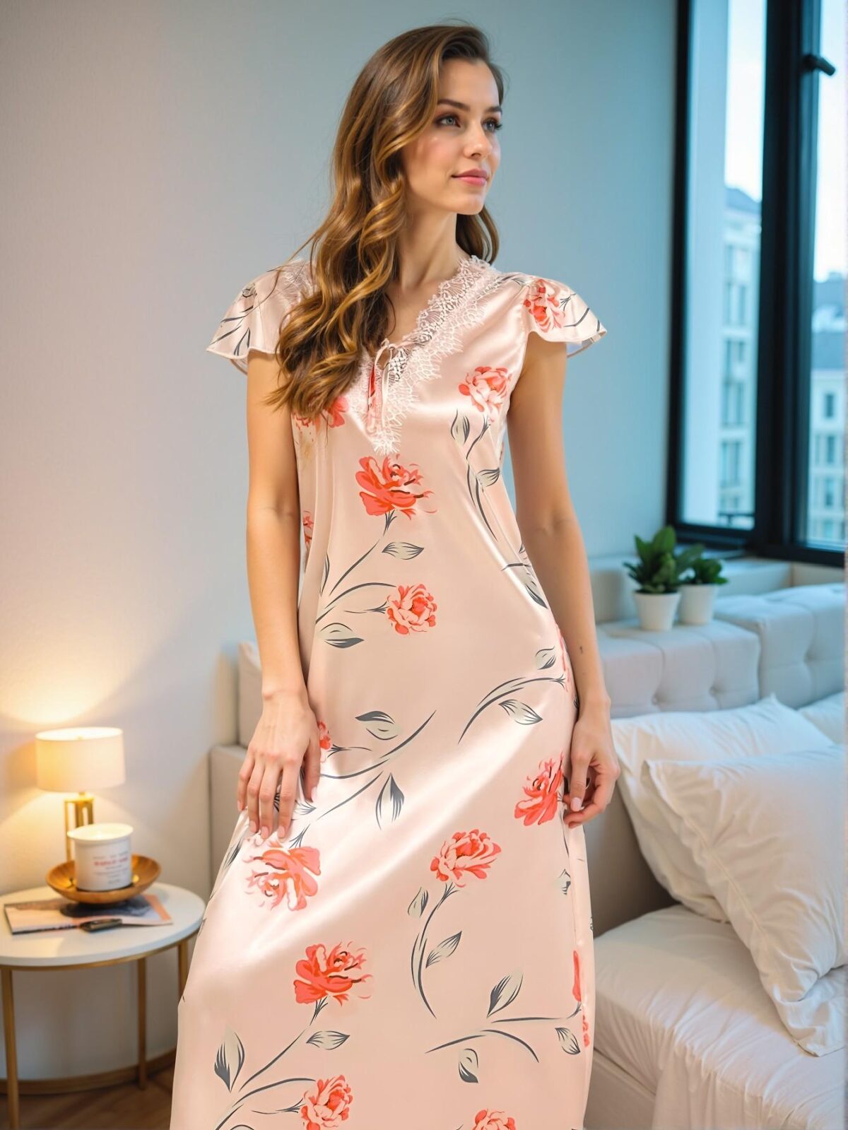 Elegant Apricot Romantic Floral Print Silk Nightdress with Lace Accents for Spring and Summer Chic, Classy and Trendy Fashion Style to Dress to Impress - Image 3