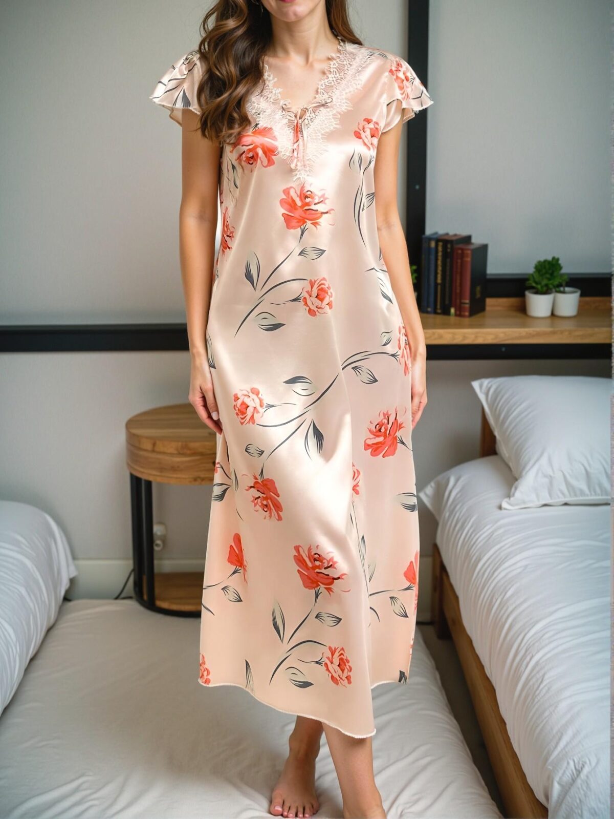 Elegant Apricot Romantic Floral Print Silk Nightdress with Lace Accents for Spring and Summer Chic, Classy and Trendy Fashion Style to Dress to Impress - Image 4