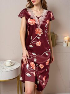Elegant Red Floral Print Faux Silk Nightgown with Lace Trim for Spring and Summer - Chic, Classy and Trendy Fashion Style to Dress to Impress