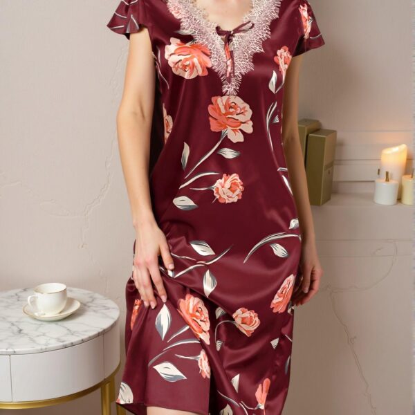 Elegant Red Floral Print Faux Silk Nightgown with Lace Trim for Spring and Summer - Chic, Classy and Trendy Fashion Style to Dress to Impress