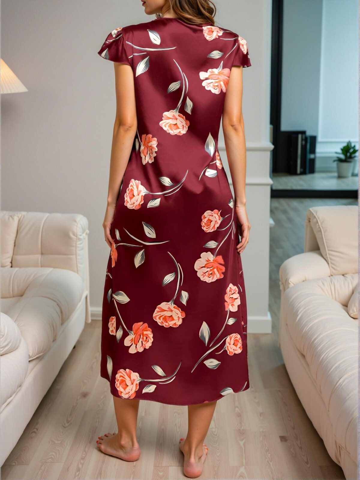 Elegant Red Floral Print Faux Silk Nightgown with Lace Trim for Spring and Summer - Chic, Classy and Trendy Fashion Style to Dress to Impress - Image 2