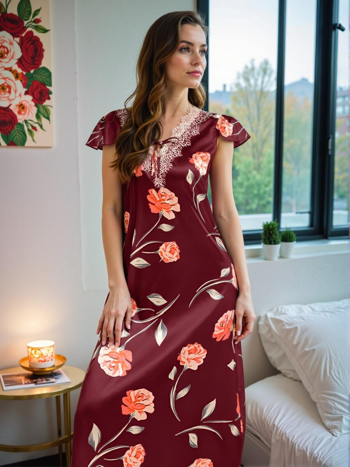 Elegant Red Floral Print Faux Silk Nightgown with Lace Trim for Spring and Summer - Chic, Classy and Trendy Fashion Style to Dress to Impress - Image 3