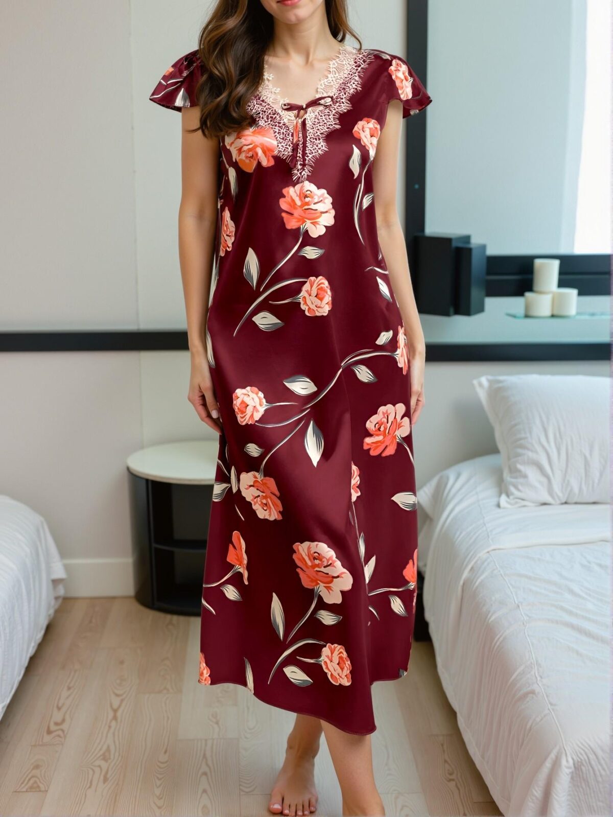 Elegant Red Floral Print Faux Silk Nightgown with Lace Trim for Spring and Summer - Chic, Classy and Trendy Fashion Style to Dress to Impress - Image 5