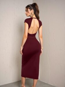 Elegant Burgundy Backless Bodycon Dress for Women - Winter Fashion, Holiday Attire, Clubwear, and Versatile Outfit Options - Chic, Classy and Trendy Fashion Style to Dress to Impress