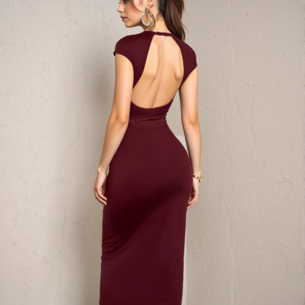 Elegant Burgundy Backless Bodycon Dress for Women - Winter Fashion, Holiday Attire, Clubwear, and Versatile Outfit Options - Chic, Classy and Trendy Fashion Style to Dress to Impress