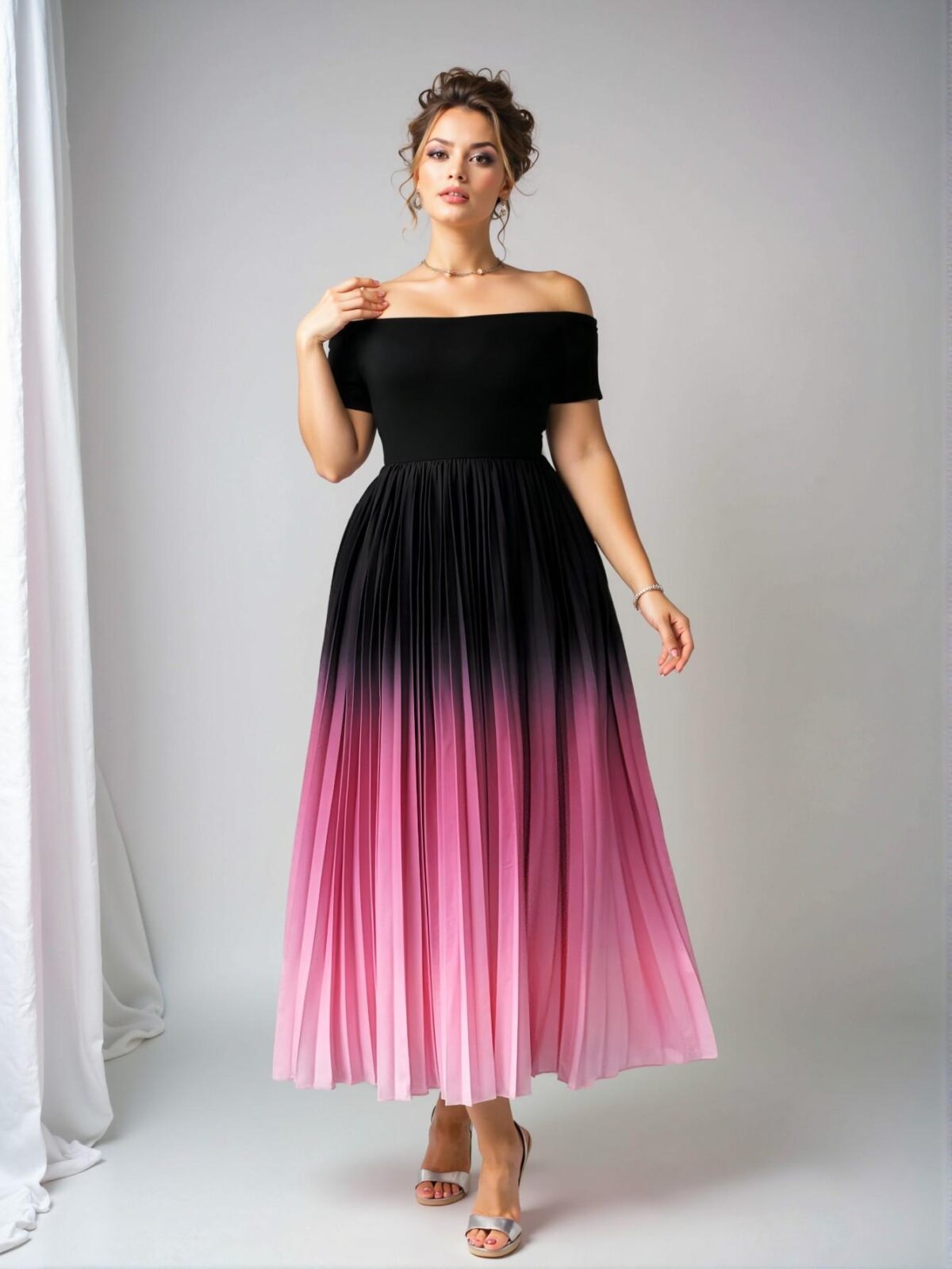 Elegant Multicolor Charming Off Shoulder Pleated Midi Dress with Elastic Waist for Casual Spring/Summer Wear - Chic, Classy and Trendy Fashion Style to Dress to Impress