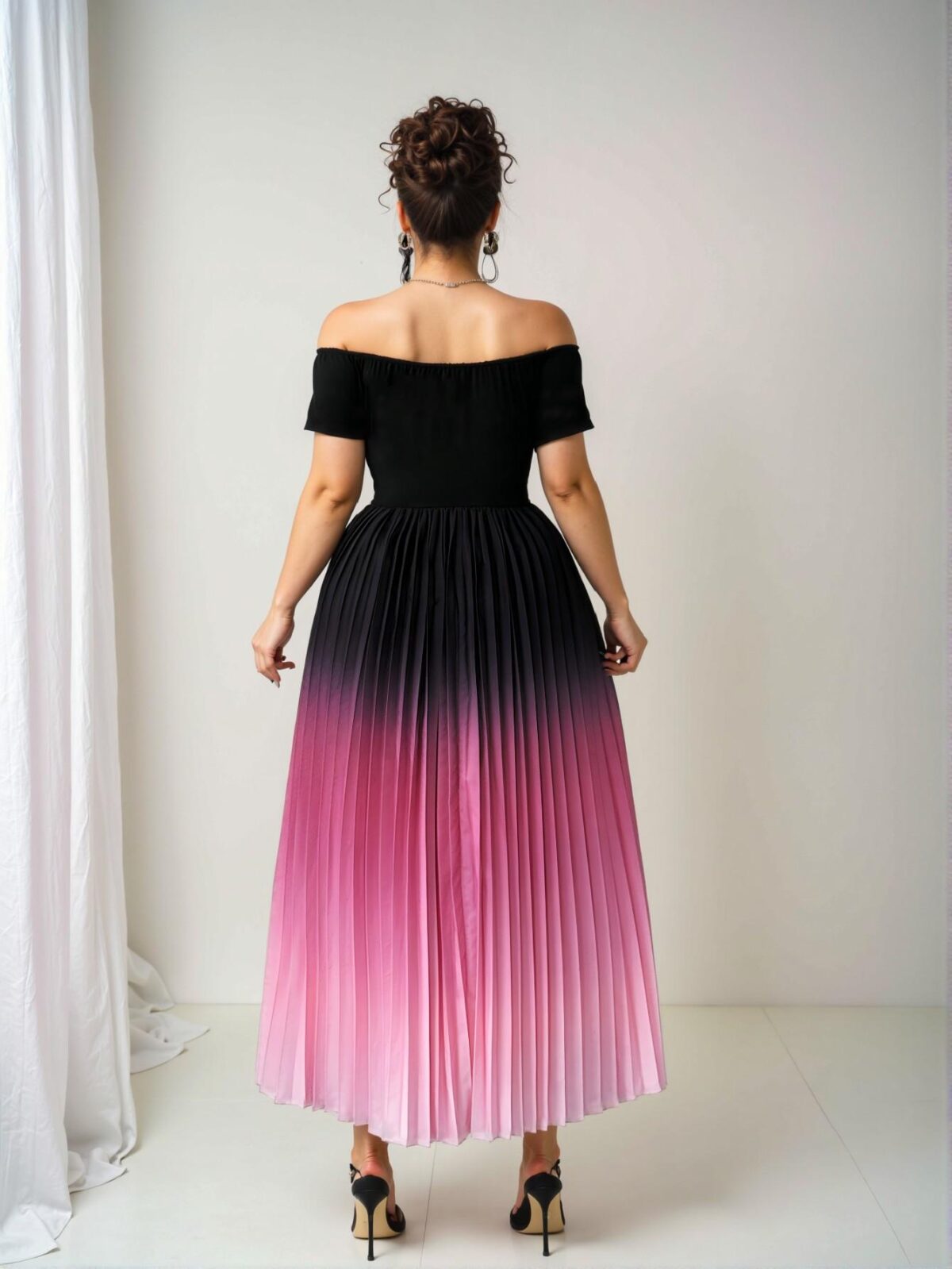 Elegant Multicolor Charming Off Shoulder Pleated Midi Dress with Elastic Waist for Casual Spring/Summer Wear - Chic, Classy and Trendy Fashion Style to Dress to Impress - Image 2