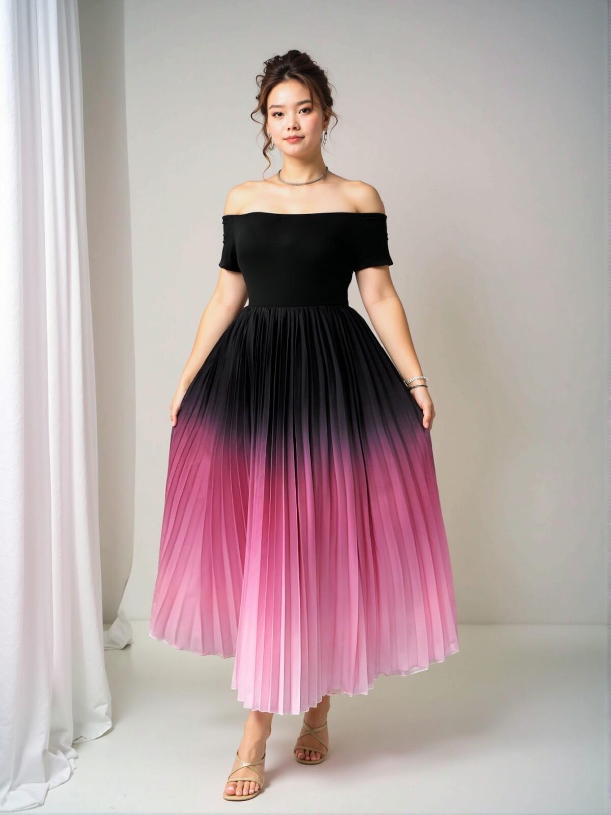 Elegant Multicolor Charming Off Shoulder Pleated Midi Dress with Elastic Waist for Casual Spring/Summer Wear - Chic, Classy and Trendy Fashion Style to Dress to Impress - Image 3