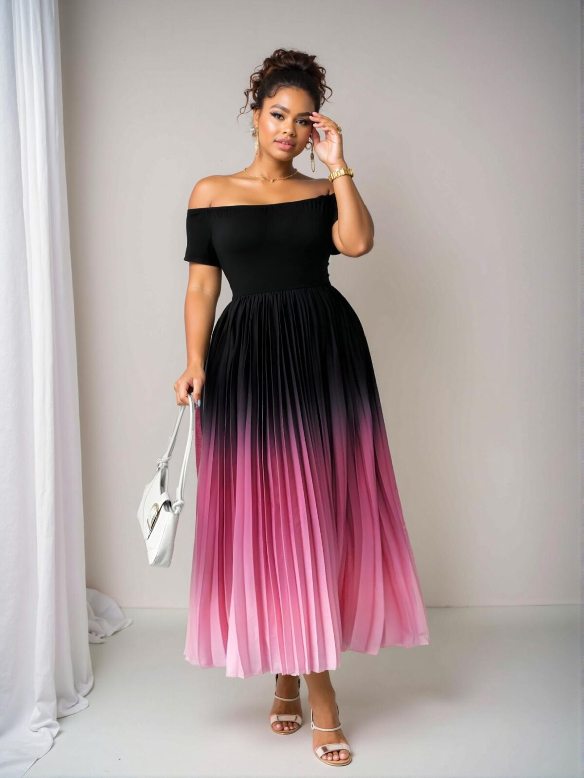 Elegant Multicolor Charming Off Shoulder Pleated Midi Dress with Elastic Waist for Casual Spring/Summer Wear - Chic, Classy and Trendy Fashion Style to Dress to Impress - Image 4