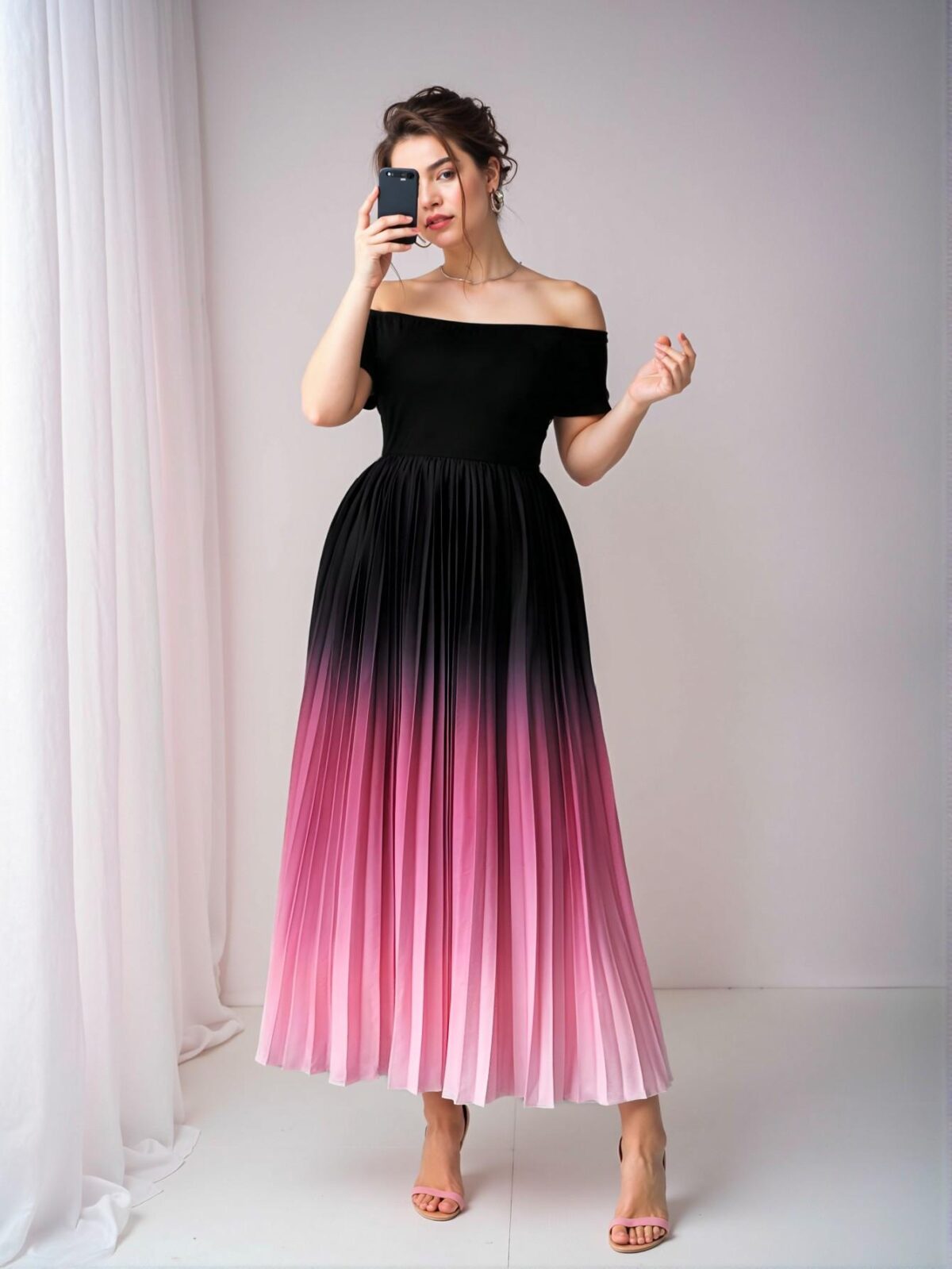 Elegant Multicolor Charming Off Shoulder Pleated Midi Dress with Elastic Waist for Casual Spring/Summer Wear - Chic, Classy and Trendy Fashion Style to Dress to Impress - Image 5