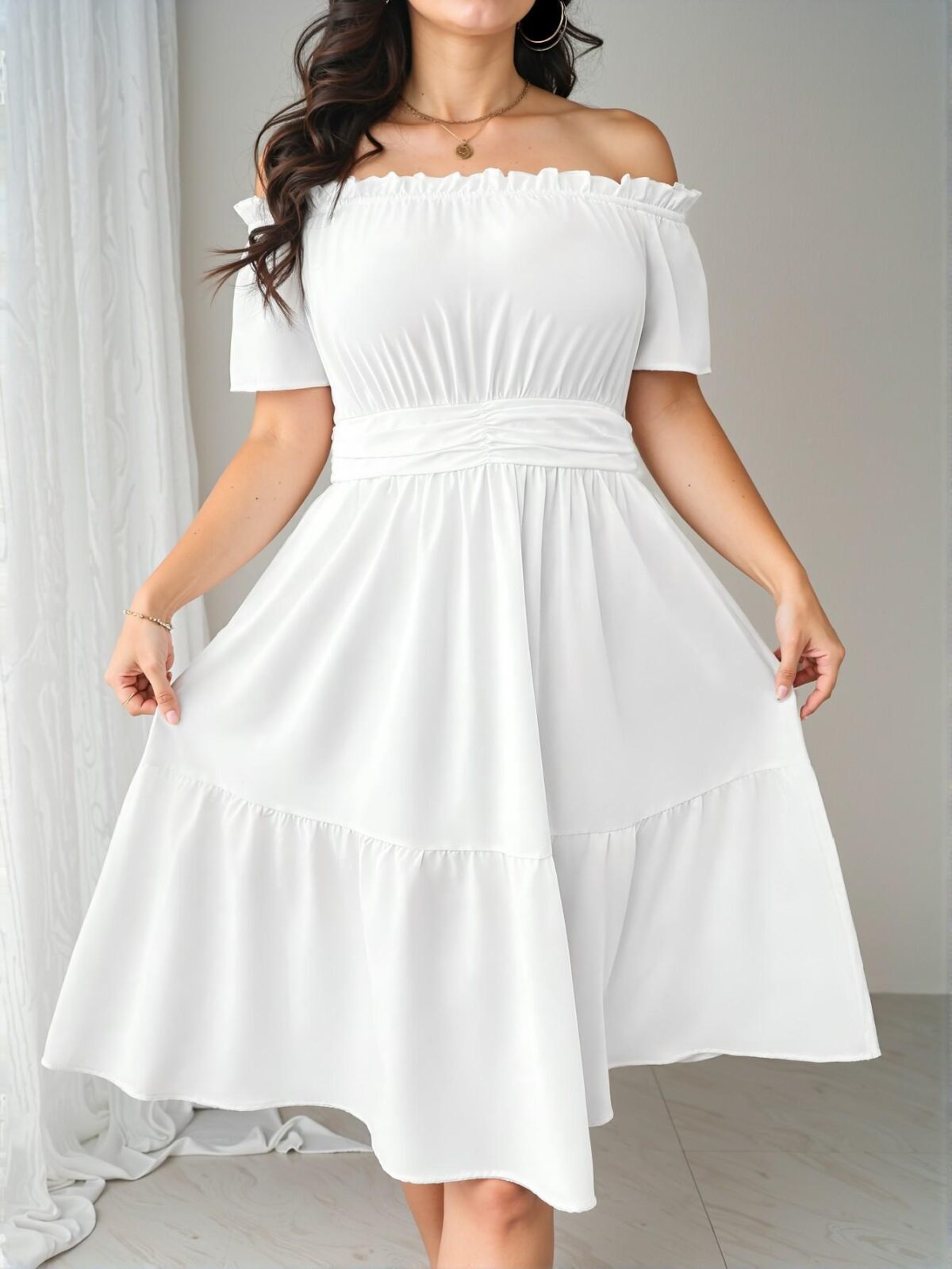 Elegant White Flirty Off-Shoulder Casual A-Line Dress with Ruffle Hem and High Waist for Effortless Spring and Summer Style - Chic, Classy and Trendy Fashion Style to Dress to Impress