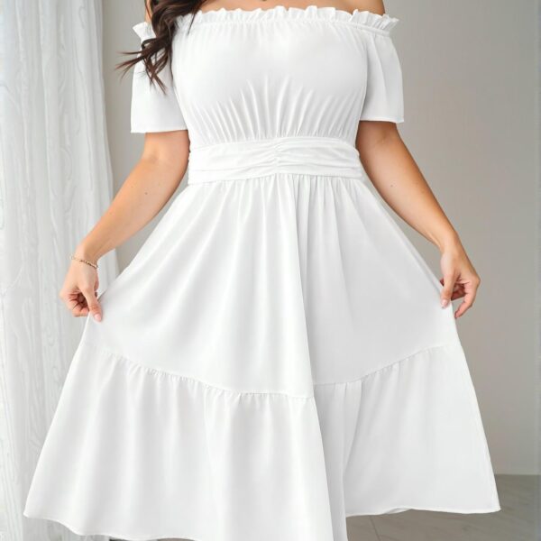 Elegant White Flirty Off-Shoulder Casual A-Line Dress with Ruffle Hem and High Waist for Effortless Spring and Summer Style - Chic, Classy and Trendy Fashion Style to Dress to Impress