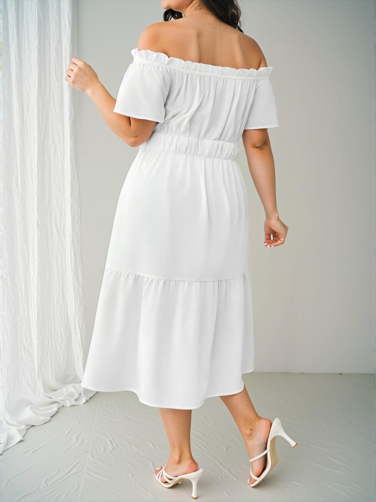 Elegant White Flirty Off-Shoulder Casual A-Line Dress with Ruffle Hem and High Waist for Effortless Spring and Summer Style - Chic, Classy and Trendy Fashion Style to Dress to Impress - Image 2