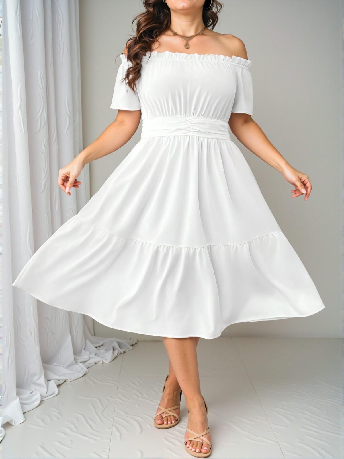 Elegant White Flirty Off-Shoulder Casual A-Line Dress with Ruffle Hem and High Waist for Effortless Spring and Summer Style - Chic, Classy and Trendy Fashion Style to Dress to Impress - Image 3