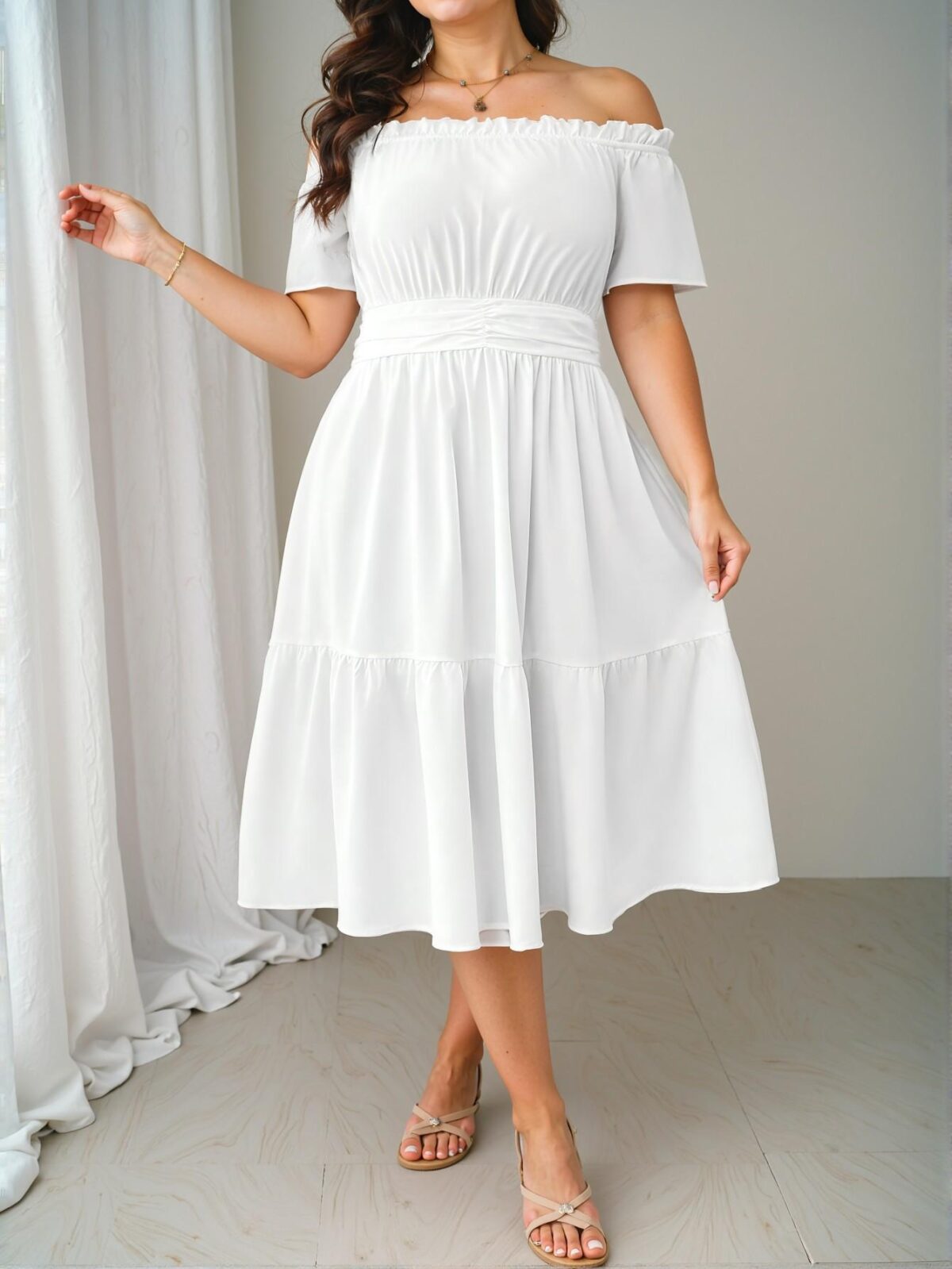 Elegant White Flirty Off-Shoulder Casual A-Line Dress with Ruffle Hem and High Waist for Effortless Spring and Summer Style - Chic, Classy and Trendy Fashion Style to Dress to Impress - Image 4