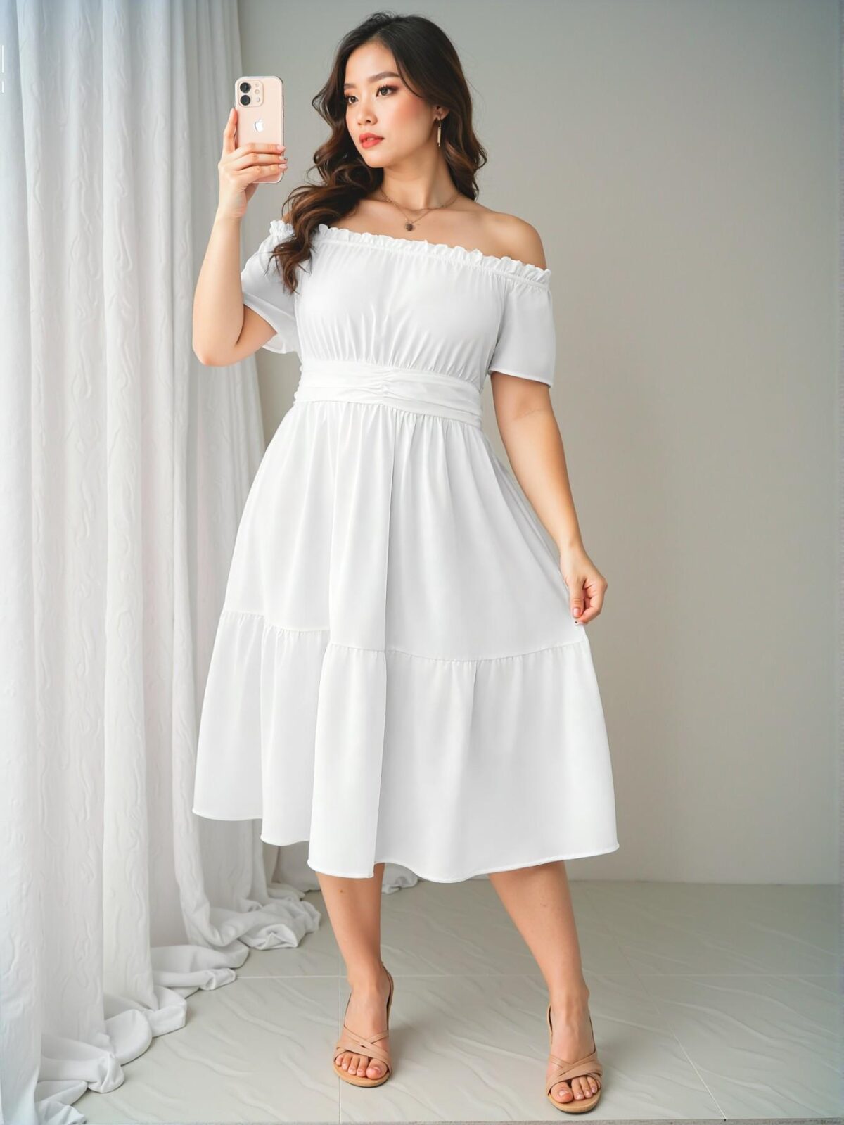 Elegant White Flirty Off-Shoulder Casual A-Line Dress with Ruffle Hem and High Waist for Effortless Spring and Summer Style - Chic, Classy and Trendy Fashion Style to Dress to Impress - Image 5