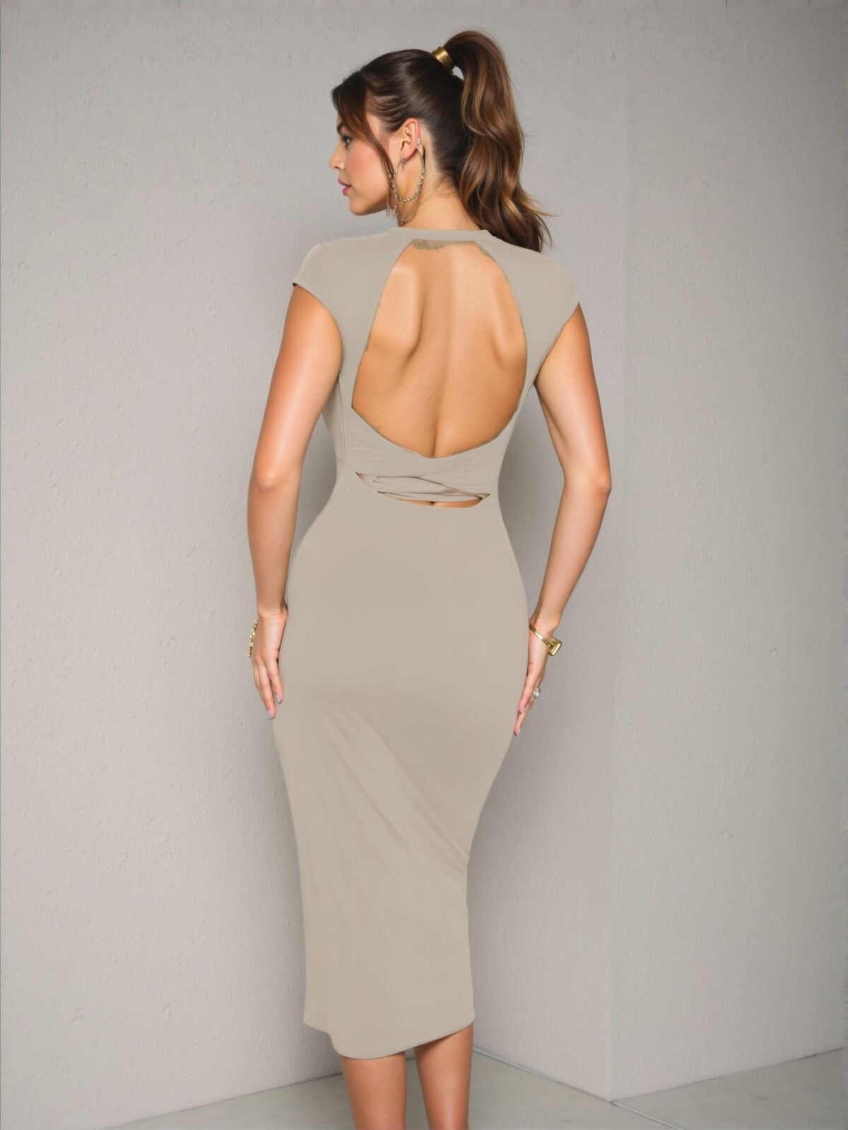 Elegant Khaki Backless Criss Cross Cut Out Bodycon Dress with Cap Sleeves, Casual Monthly Gatherings, Chic, Classy, and Trendy Fashion Style to Dress to Impress - Image 3