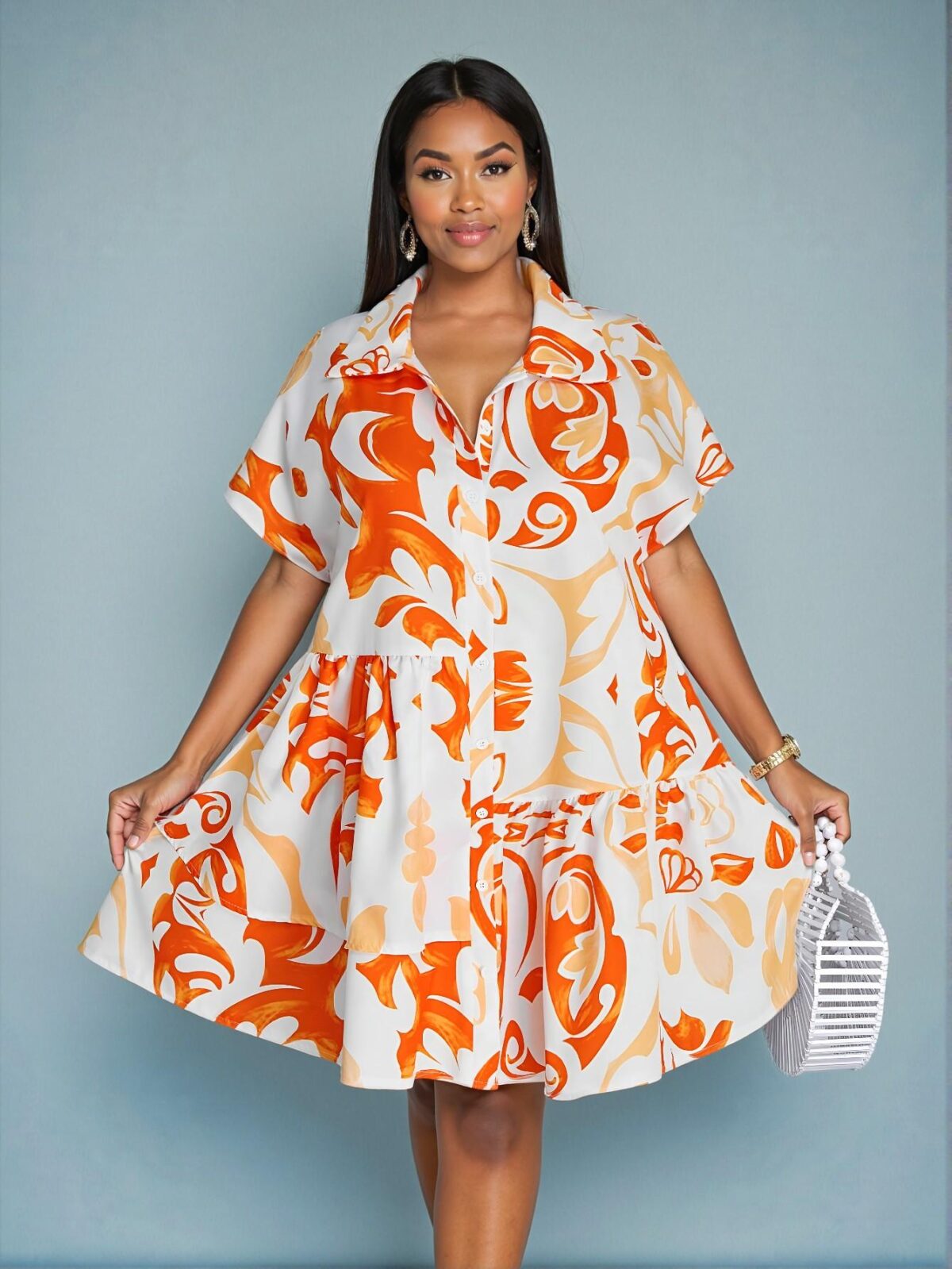Elegant Orange Flattering Casual Button-Front Loose Mini Dress for Spring and Summer - Chic, Classy and Trendy Fashion Style to Dress to Impress - Image 3