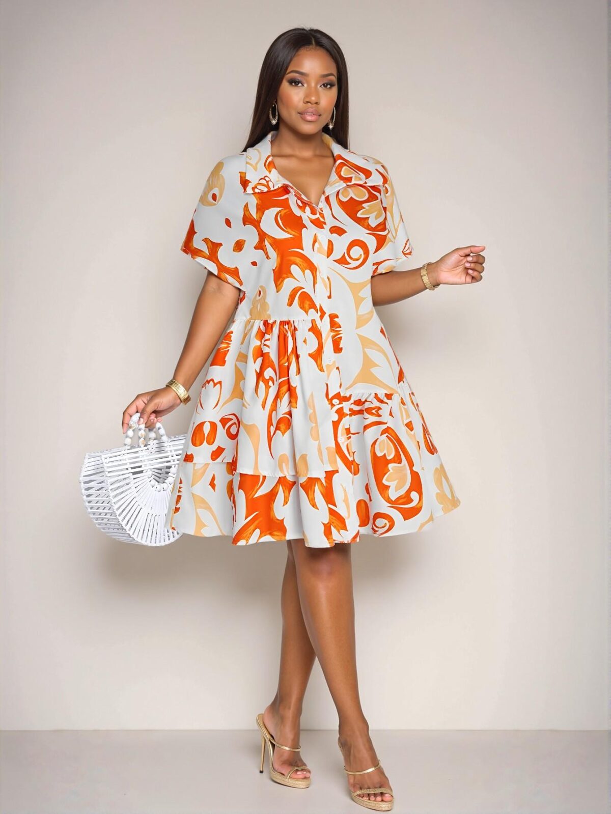 Elegant Orange Flattering Casual Button-Front Loose Mini Dress for Spring and Summer - Chic, Classy and Trendy Fashion Style to Dress to Impress - Image 4