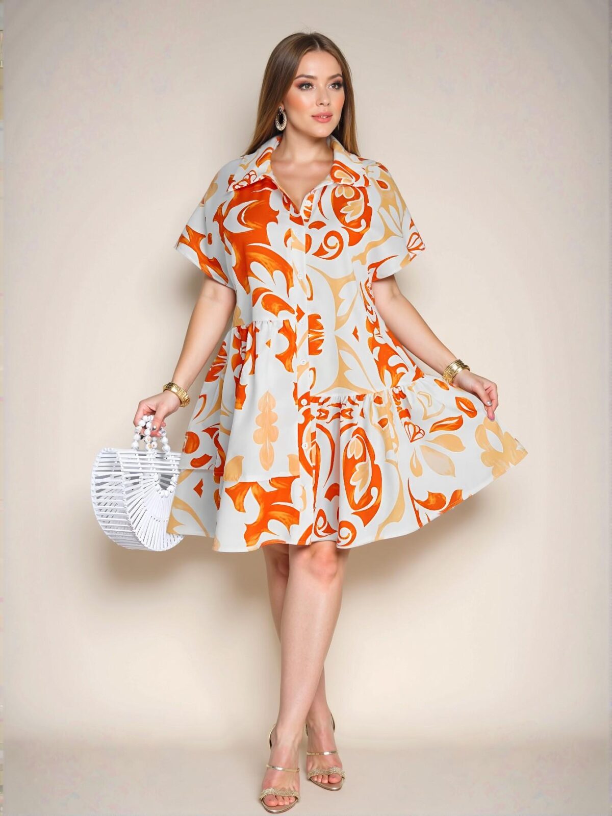 Elegant Orange Flattering Casual Button-Front Loose Mini Dress for Spring and Summer - Chic, Classy and Trendy Fashion Style to Dress to Impress - Image 5