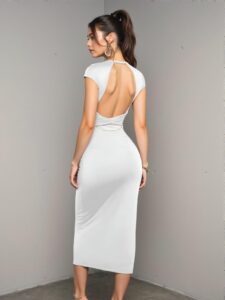 Elegant White Backless Bodycon Dress with Criss Cross Cut Out Design, Perfect for Autumn, Office, Parties, and Everyday Wear – Chic, Classy and Trendy Fashion Style to Dress to Impress