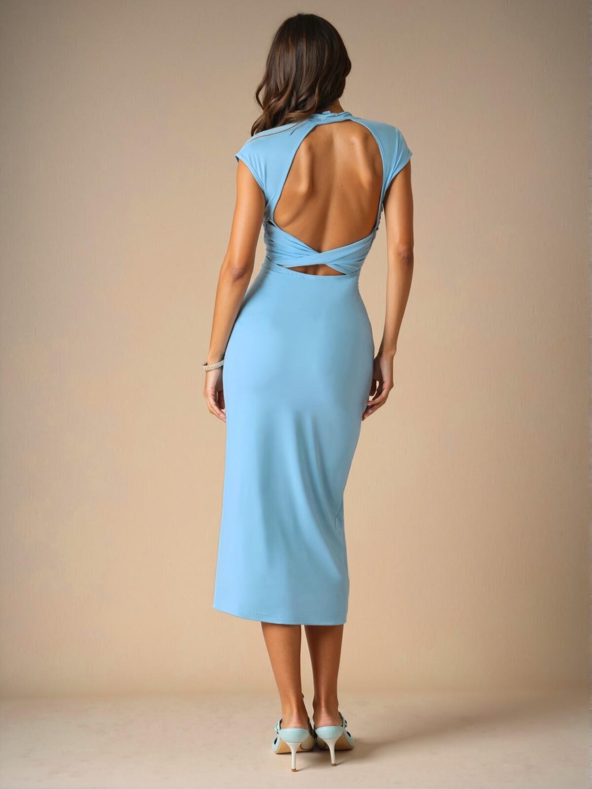 Elegant Baby Blue Backless Criss Cross Bodycon Dress with Pencil Hem and Cap Sleeves, Perfect for Weddings and Everyday Chic Style "Chic, Classy and Trendy Fashion Style to Dress to Impress"