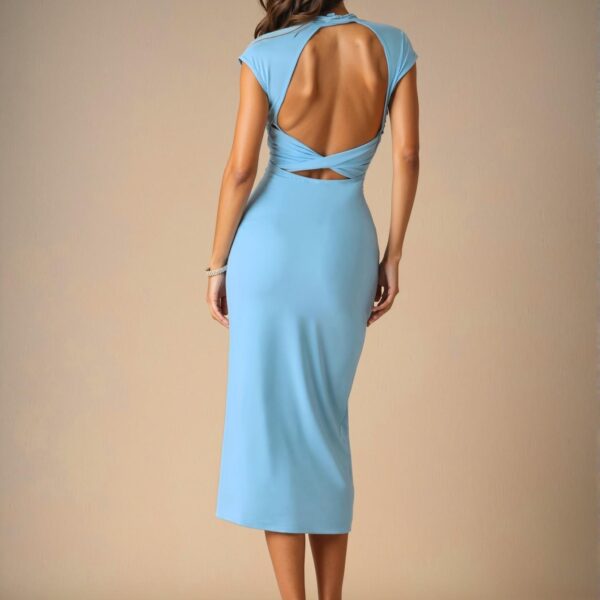 Elegant Baby Blue Backless Criss Cross Bodycon Dress with Pencil Hem and Cap Sleeves, Perfect for Weddings and Everyday Chic Style "Chic, Classy and Trendy Fashion Style to Dress to Impress"