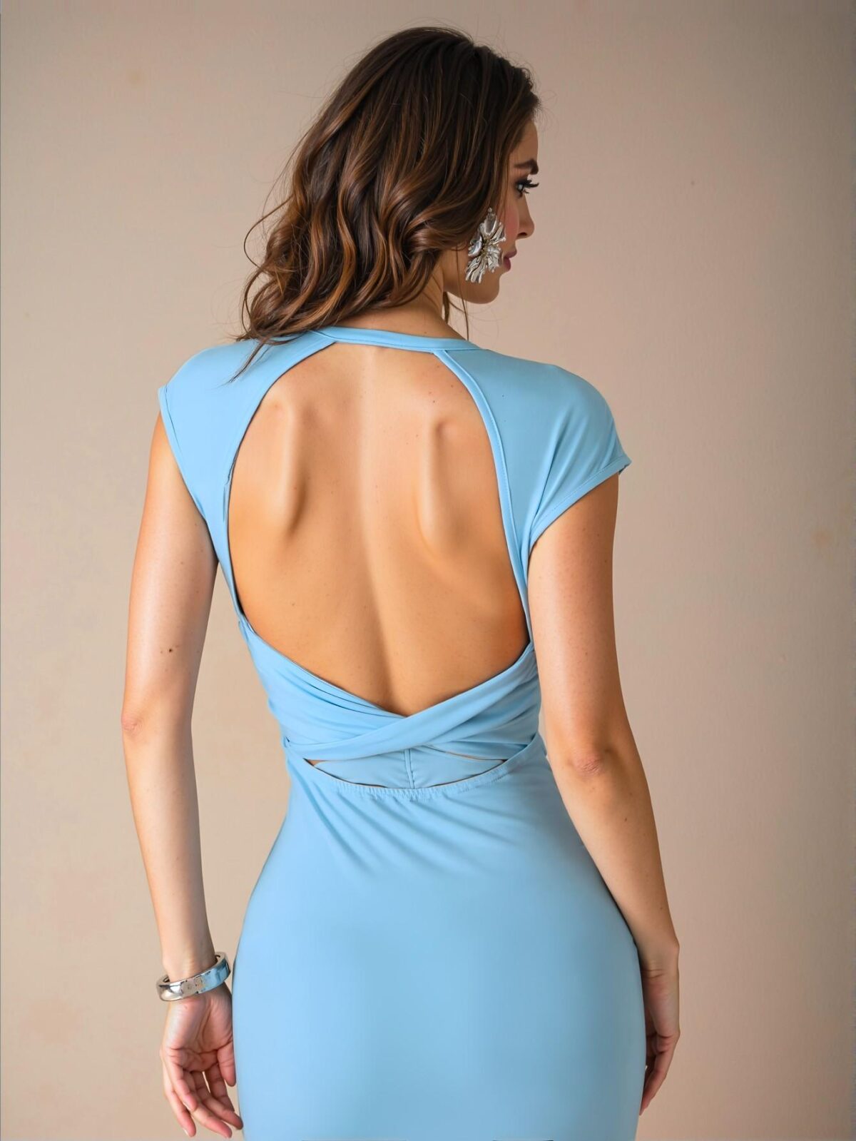 Elegant Baby Blue Backless Criss Cross Bodycon Dress with Pencil Hem and Cap Sleeves, Perfect for Weddings and Everyday Chic Style "Chic, Classy and Trendy Fashion Style to Dress to Impress" - Image 2