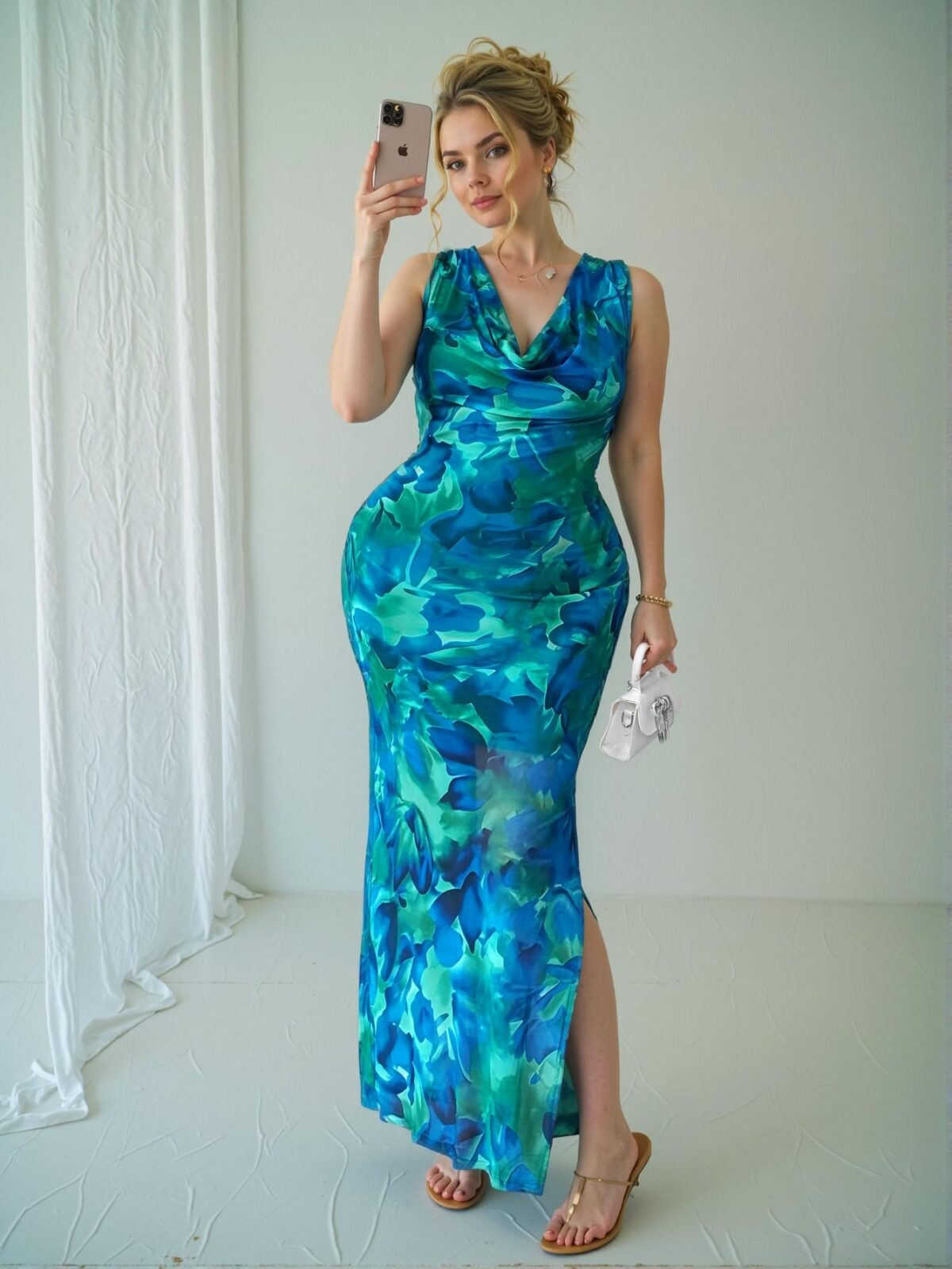 Elegant Green Flowy High-End Bodycon Dress with Slimming Print for Spring and Summer - Chic, Classy and Trendy Fashion Style to Dress to Impress