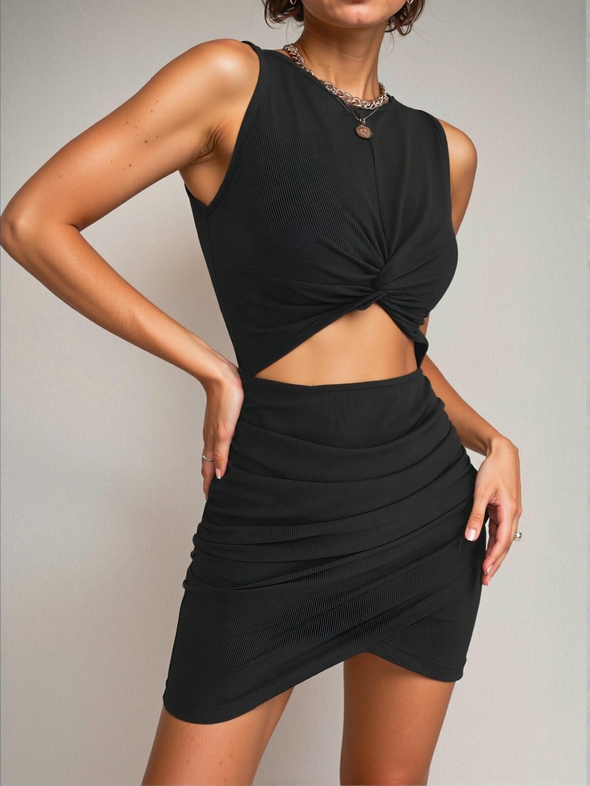 Elegant Black Twist Front Cut Out Ruched Side Tulip Hem Bodycon Dress - Chic, Classy and Trendy Fashion Style to Dress to Impress - Image 3