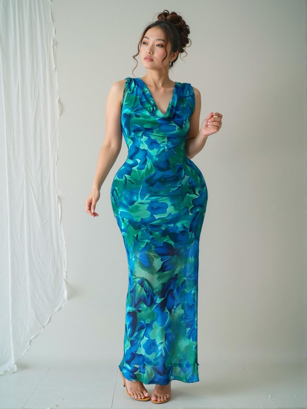 Elegant Green Flowy High-End Bodycon Dress with Slimming Print for Spring and Summer - Chic, Classy and Trendy Fashion Style to Dress to Impress - Image 4