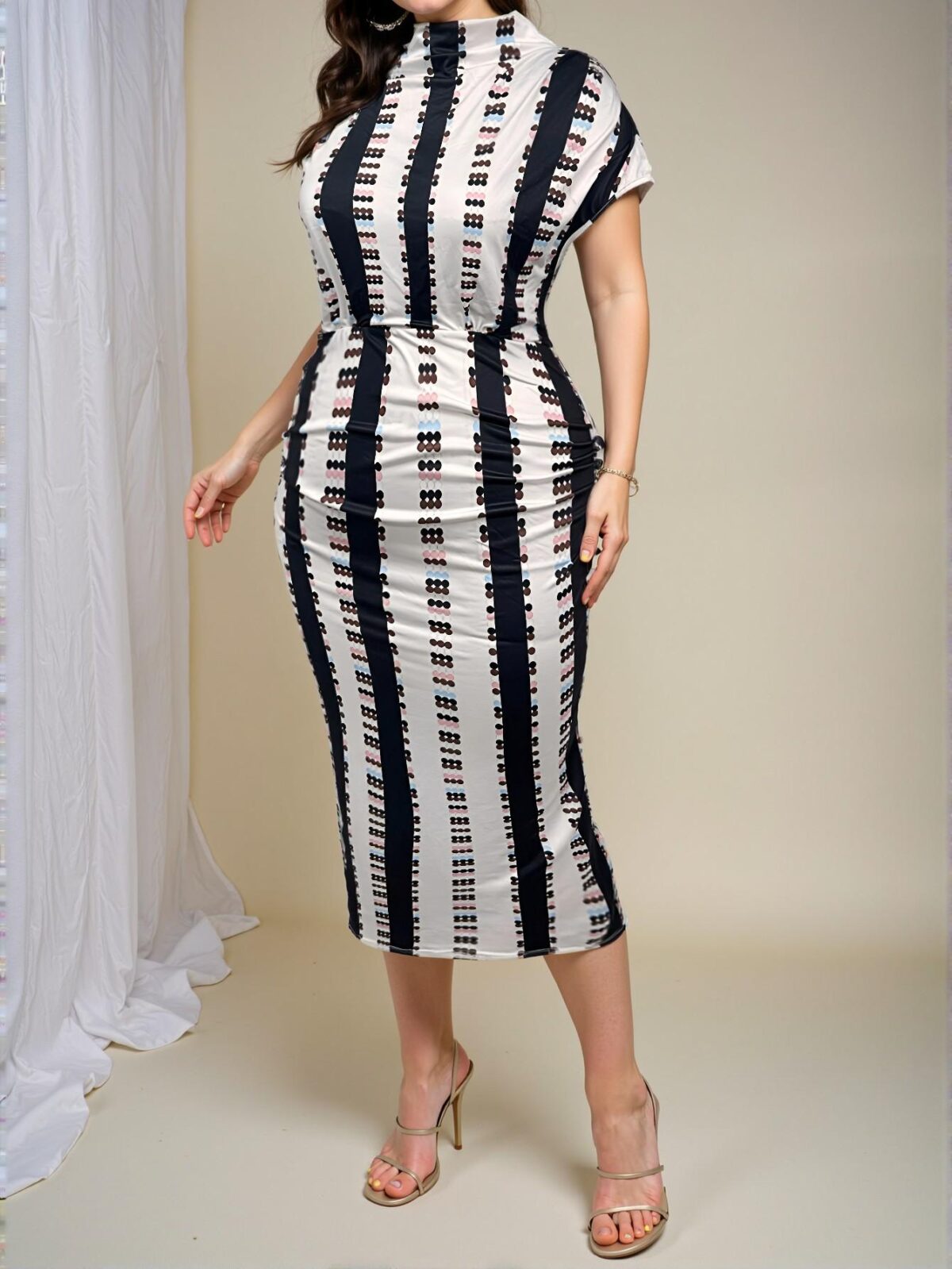 Elegant Multicolor Stylish Colorblock Print Batwing Sleeve Ruched Maxi Dress for Spring and Summer - Chic, Classy, and Trendy Fashion Style to Dress to Impress - Image 3