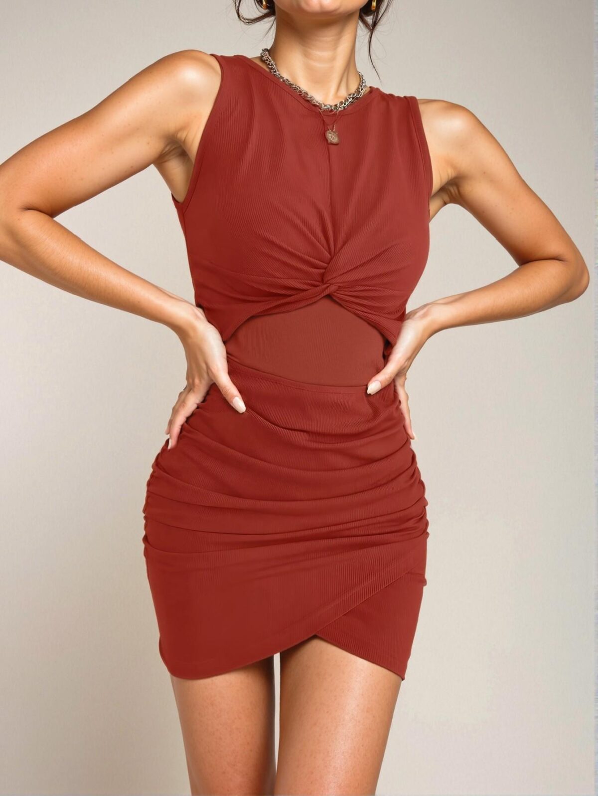 Elegant Red Twist Waist Cutout Bodycon Mini Dress with Ruched Detailing for Spring and Summer Chic, Classy and Trendy Fashion Style to Dress to Impress - Image 3