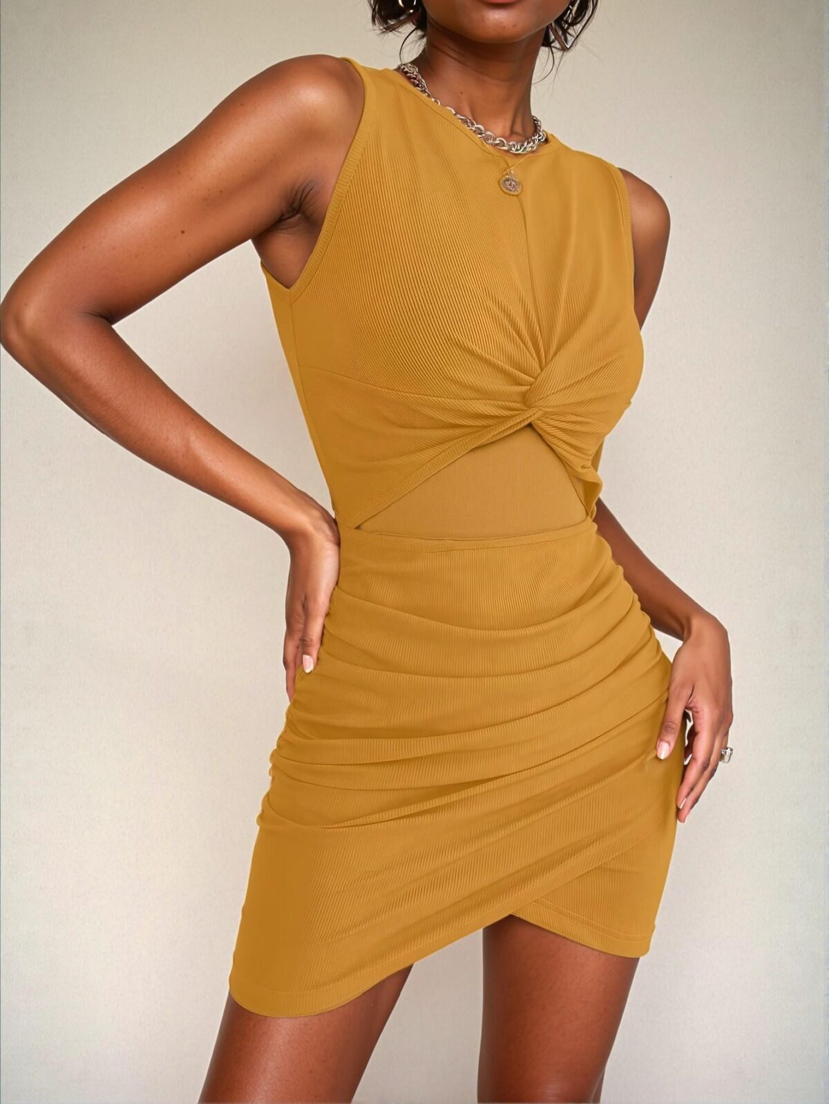 Elegant Yellow Stylish Twist Design Cutout Pleated Sleeveless Mini Dress for Spring and Summer - Chic, Classy and Trendy Fashion Style to Dress to Impress. - Image 3