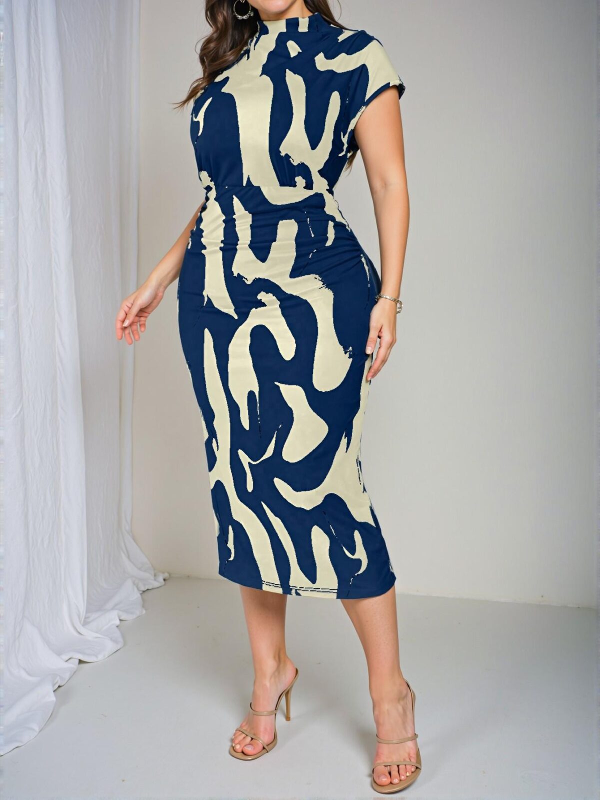 Elegant Multicolor Stylish Elastic Ruched Waist Pencil Dress with Short Sleeves for Autumn and Spring Looks "Chic, Classy and Trendy Fashion Style to Dress to Impress" - Image 4