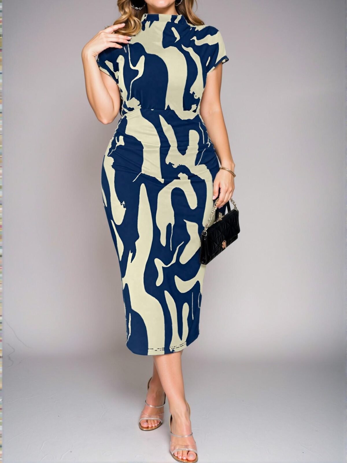 Elegant Multicolor Stylish Elastic Ruched Waist Pencil Dress with Short Sleeves for Autumn and Spring Looks "Chic, Classy and Trendy Fashion Style to Dress to Impress" - Image 5