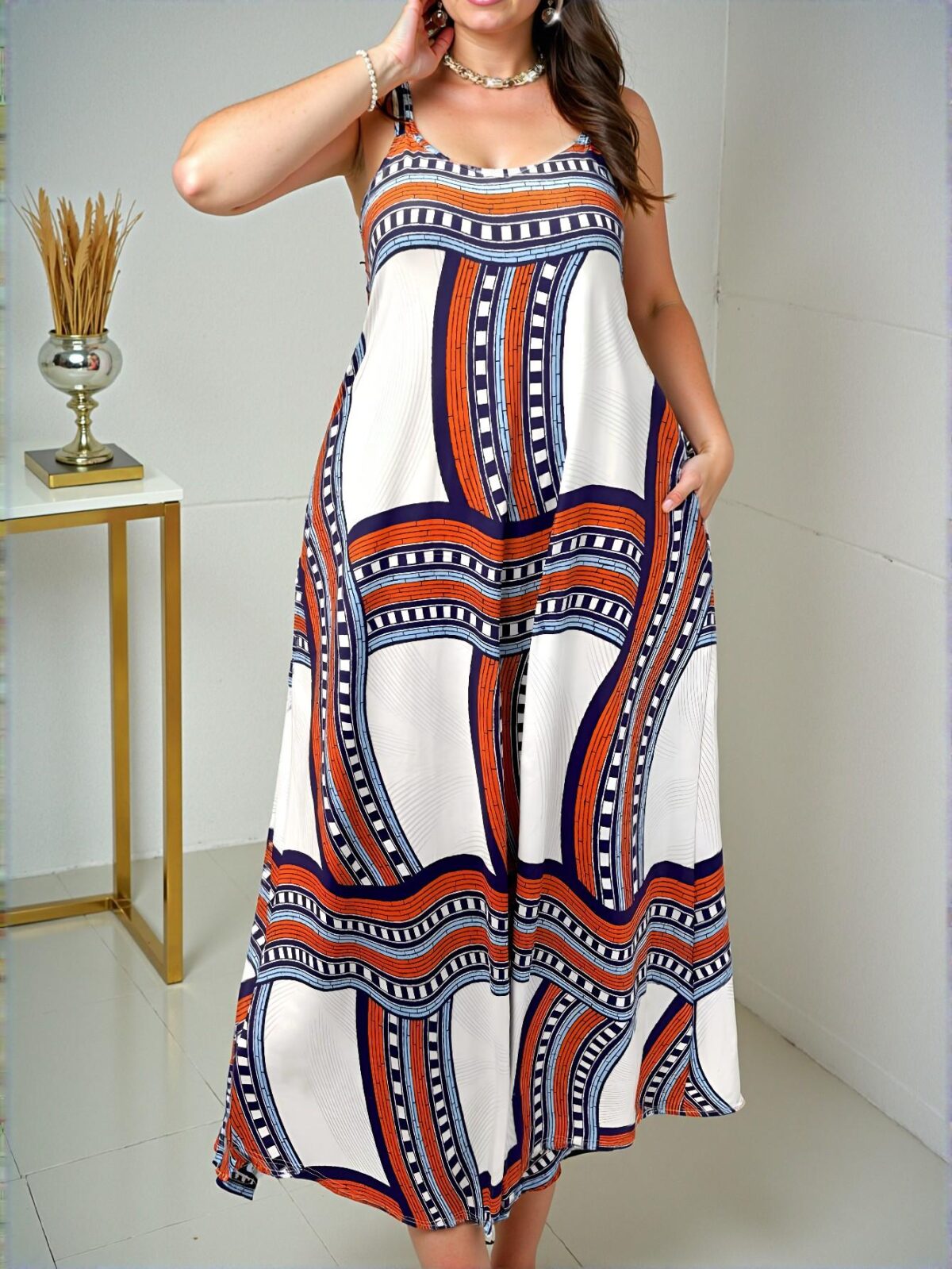 Elegant White Bohemian Spaghetti Strap Maxi Cami Gown with Plaid Design for Spring and Summer – Chic, Classy and Trendy Fashion Style to Dress to Impress - Image 5