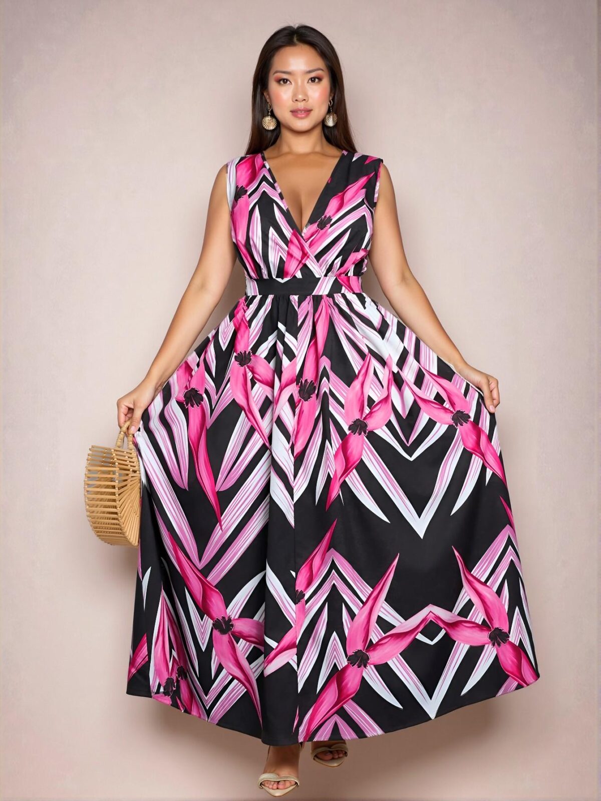 Elegant Hot Pink Stylish Floral Elasticated Waist Maxi Dress for Summer Activities and Everyday Outings in Spring and Summer - Chic, Classy and Trendy Fashion Style to Dress to Impress - Image 5