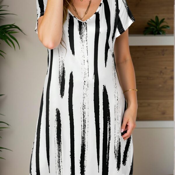 Elegant Black and White Printed V-Neck Midi Dress with Brush Stroke Patterns for Spring and Summer – Chic, Classy and Trendy Fashion Style to Dress to Impress