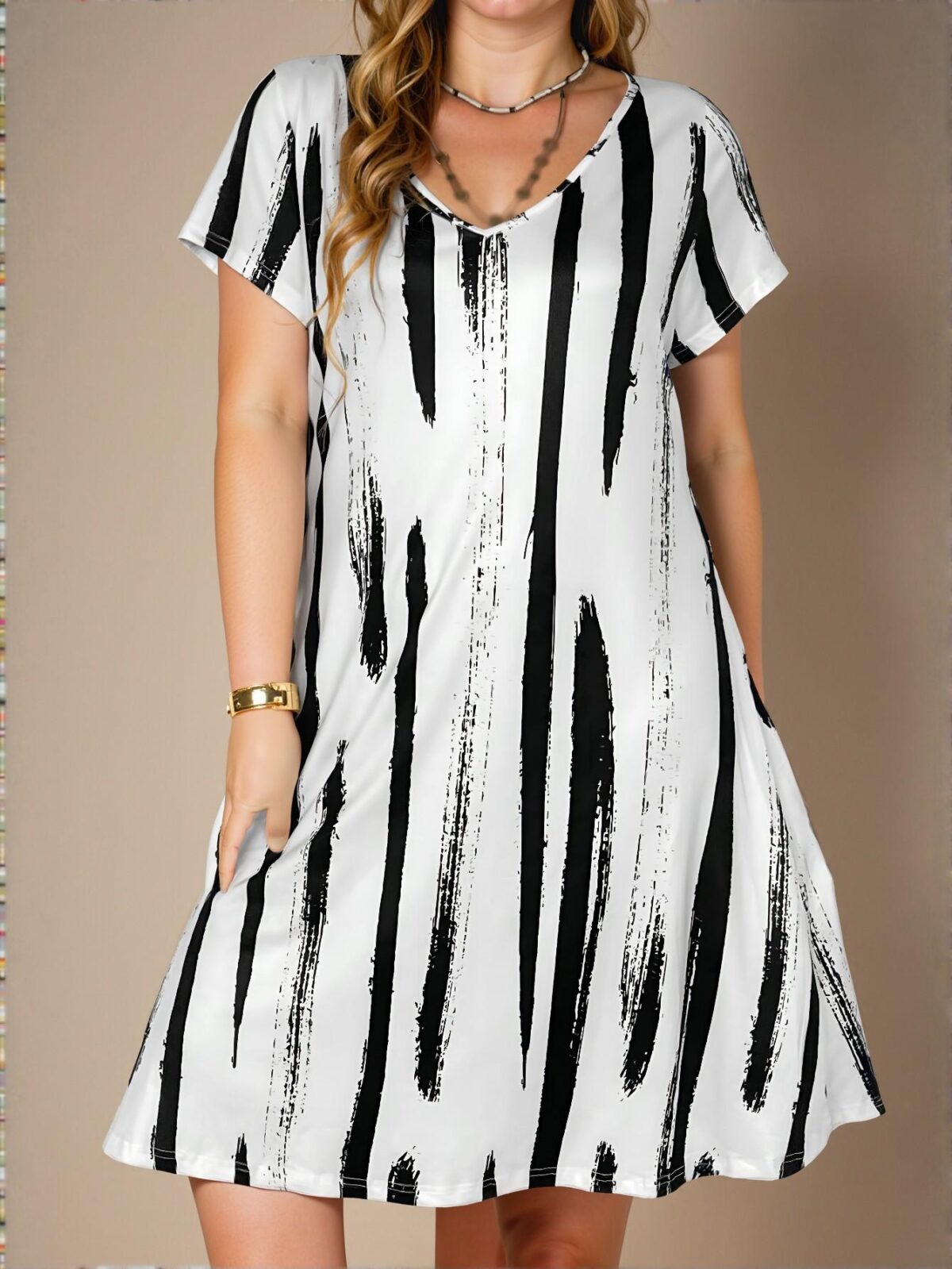 Elegant Black and White Printed V-Neck Midi Dress with Brush Stroke Patterns for Spring and Summer – Chic, Classy and Trendy Fashion Style to Dress to Impress - Image 4